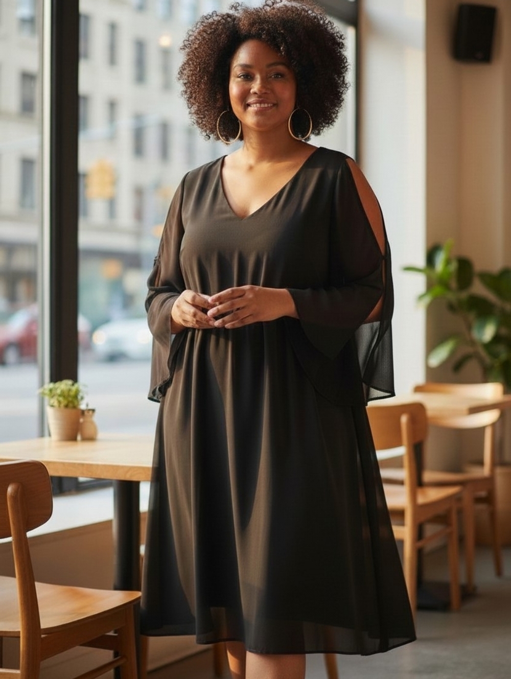 Torrid Dress Womens Size 4 Black Cold Shoulder Sheer Split Sleeve Midi